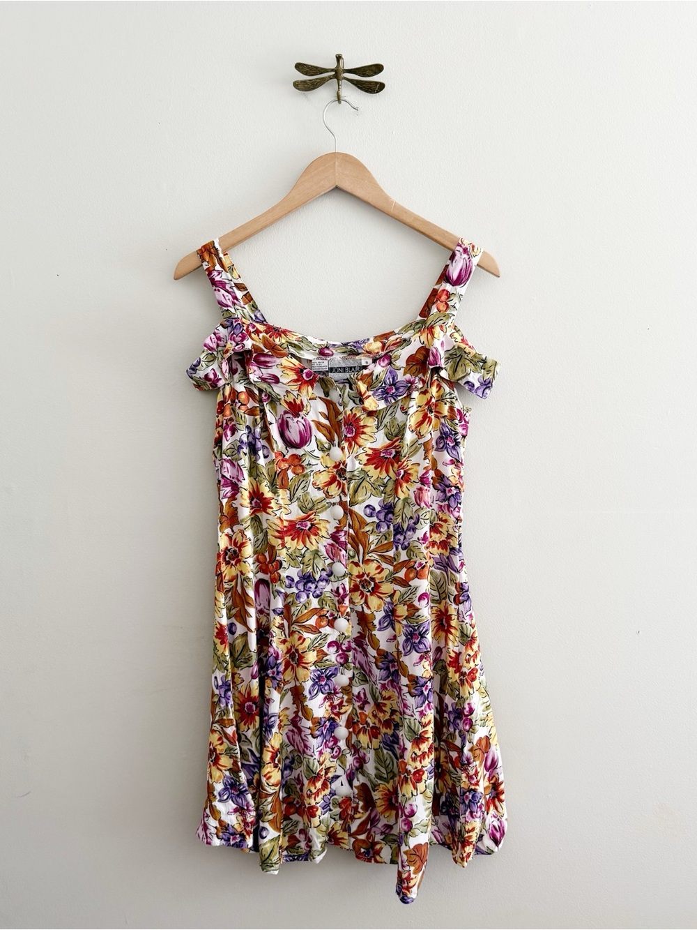 Vintage 90s Floral Off-Shoulder Summer Mini Dress in Multi Color Small